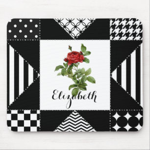 Black and White Geometric With Red Rose and Name Mouse Pad