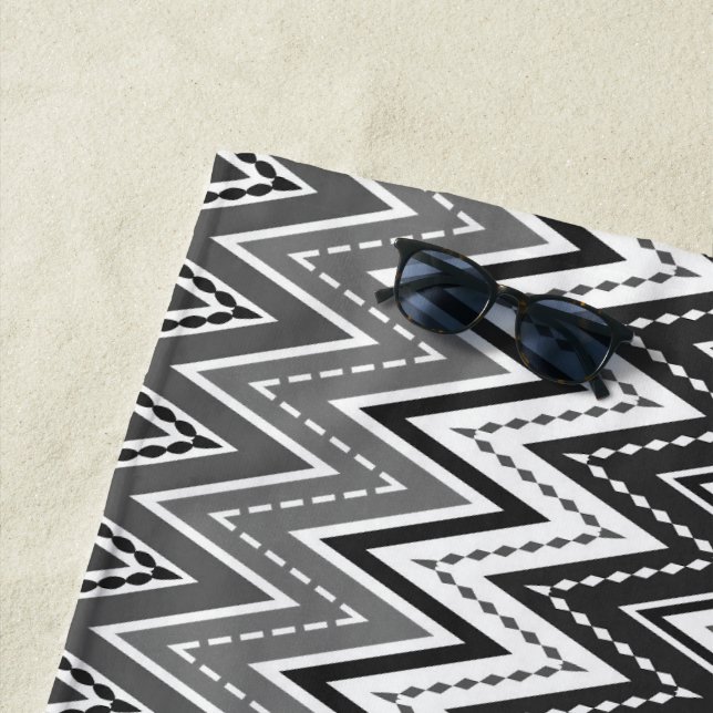 Black and white geometric zigzag pattern beach towel (In Situ)