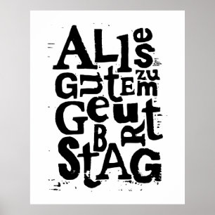 Black and White German "Happy Birthday" Lino Cut Poster