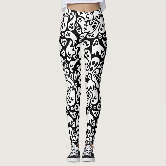 Black And White Ghost Pattern Leggings (Front)