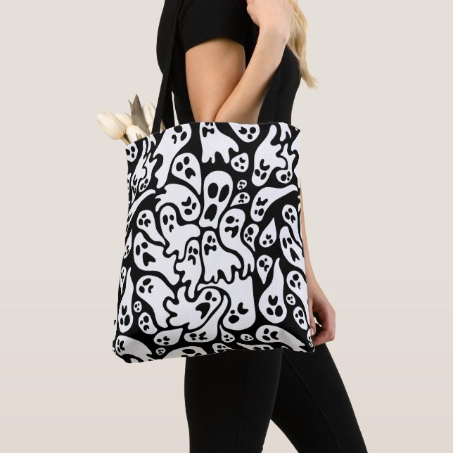 Black And White Ghost Pattern Tote Bag (Close Up)
