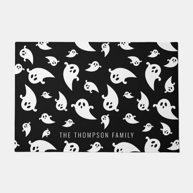 Black And White Ghost Pattern With Name Halloween Doormat (Front)