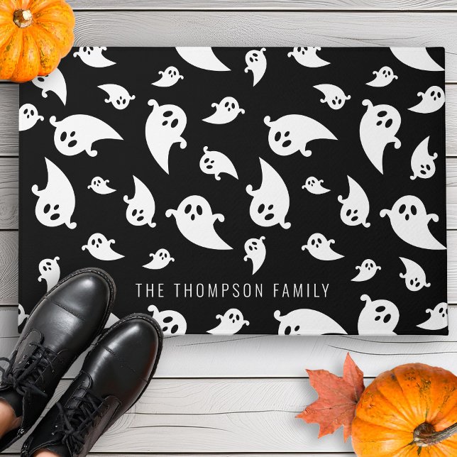 Black And White Ghost Pattern With Name Halloween Doormat (Creator Uploaded)