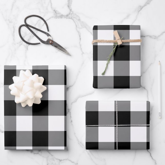 Black and White Gingham Check Plaid Wrapping Paper Sheet (Front)
