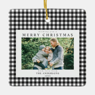 Black and White Gingham Christmas 2 Photo Ceramic Ornament