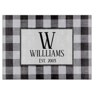 Black and white gingham Monogram Family Name Year Cutting Board