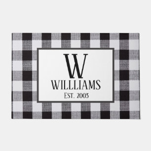 Black and white gingham Monogram Family Name Year  Doormat