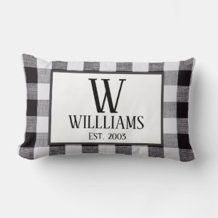 Black and white gingham Monogram Family Name Year Lumbar Cushion