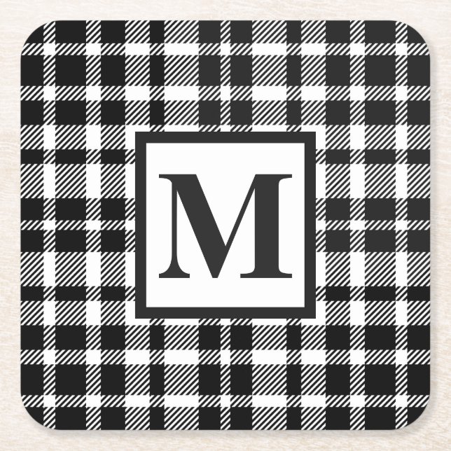 Black and White Gingham Pattern Square Paper Coaster (Front)