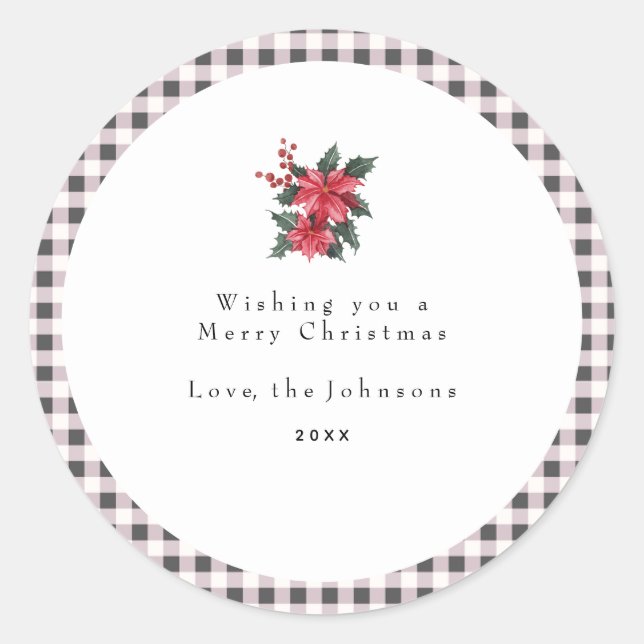 Black and White Gingham Plaid Custom Christmas Classic Round Sticker (Front)