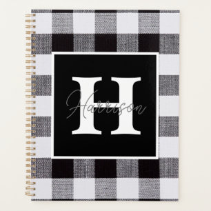 Black and White Gingham Plaid Monogram and Name Planner