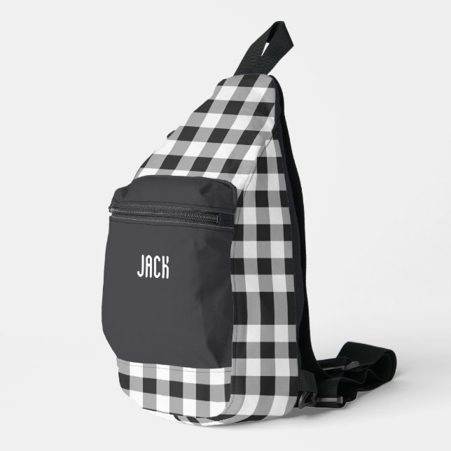 Black and White Gingham Plaid Monogram  Sling Bag (Right Corner)