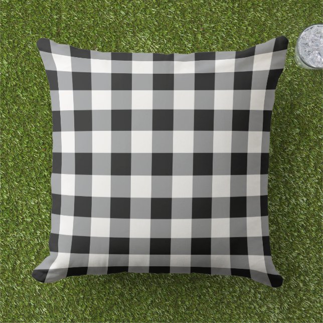 Black and White Gingham Plaid Pattern Cushion (Grass)