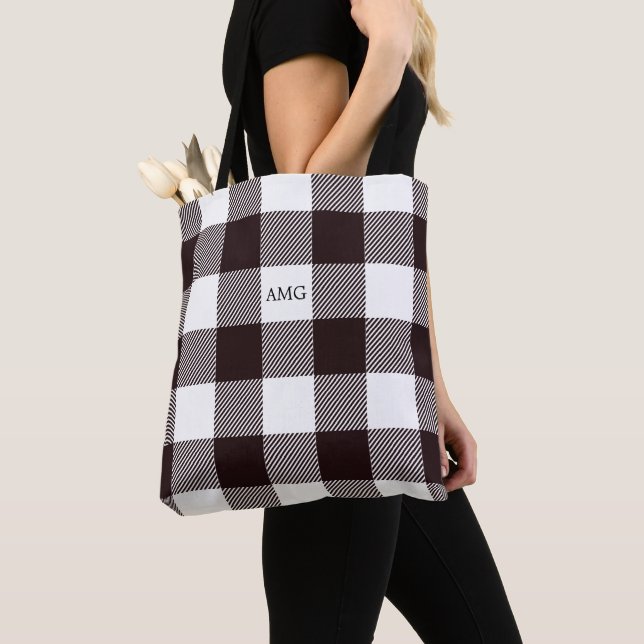 Black and White Gingham Plaid Pattern Monogram Tote Bag (Close Up)