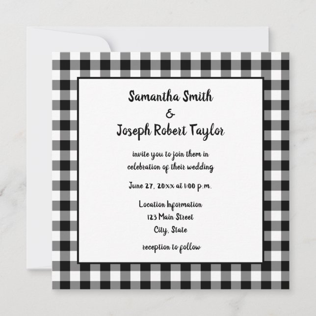 Black and White Gingham Plaid Wedding Invitation (Front)