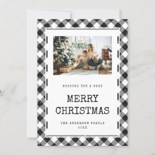 Black and White Gingham Snow Photo Merry Christmas Holiday Card