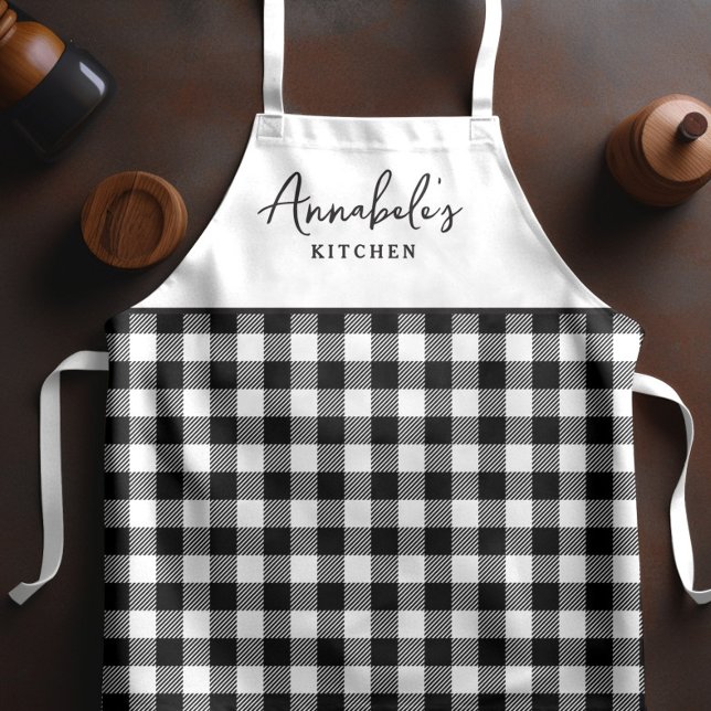 Black and White Gingham Stylish Script  Apron (Creator Uploaded)