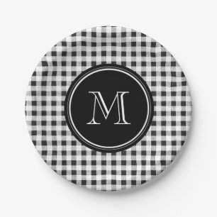 Black and White Gingham, Your Monogram Paper Plate