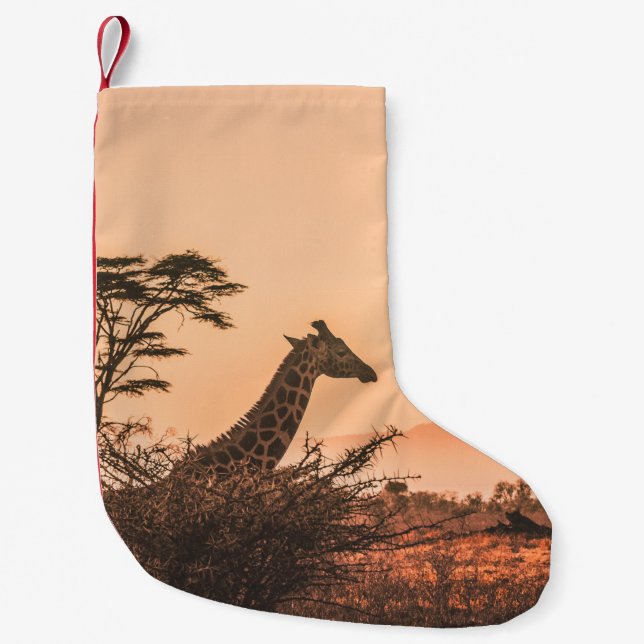 BLACK AND WHITE GIRAFFE ON BROWN GRASS FIELD SMALL CHRISTMAS STOCKING (Front)