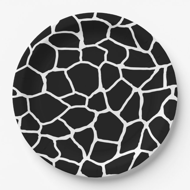 Black and White Giraffe Print Animal Pattern Paper Plate (Front)