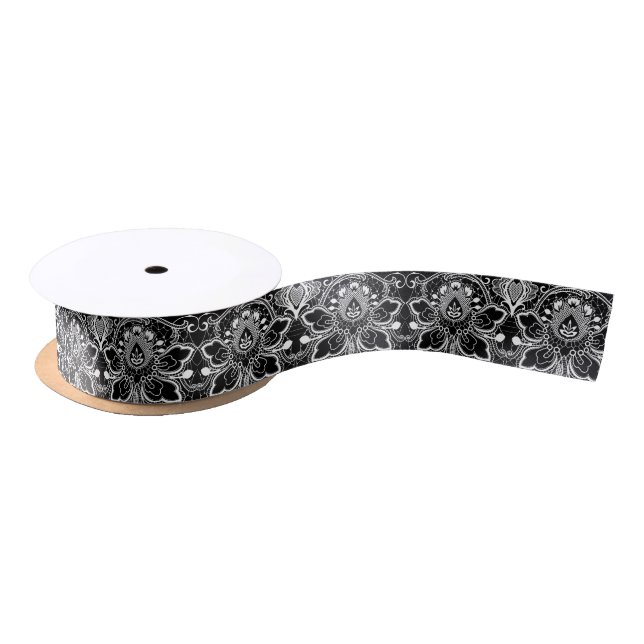Black And White Girly Floral Lace Satin Ribbon (Spool)
