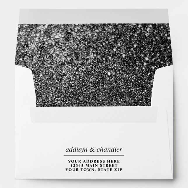 Black and White Glam Chic Modern Wedding Glitter   Envelope (Back (Bottom))