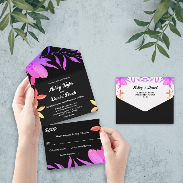 Black And White Glow Neon Colours Floral Wedding All In One Invitation (Creator Uploaded)