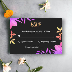 Black And White Glow Neon Colours Floral Wedding RSVP Card