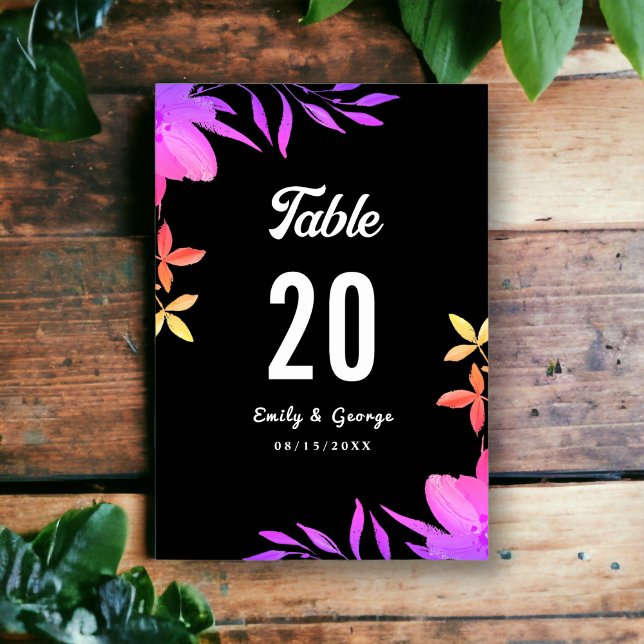 Black And White Glow Neon Colours Floral Wedding Table Number (Creator Uploaded)