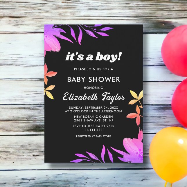 Black And White Glow Neon Floral Boy Baby Shower Invitation (Creator Uploaded)