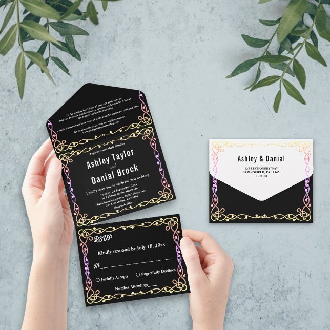Black And White Glow Neon Frame Floral Wedding All In One Invitation (Creator Uploaded)