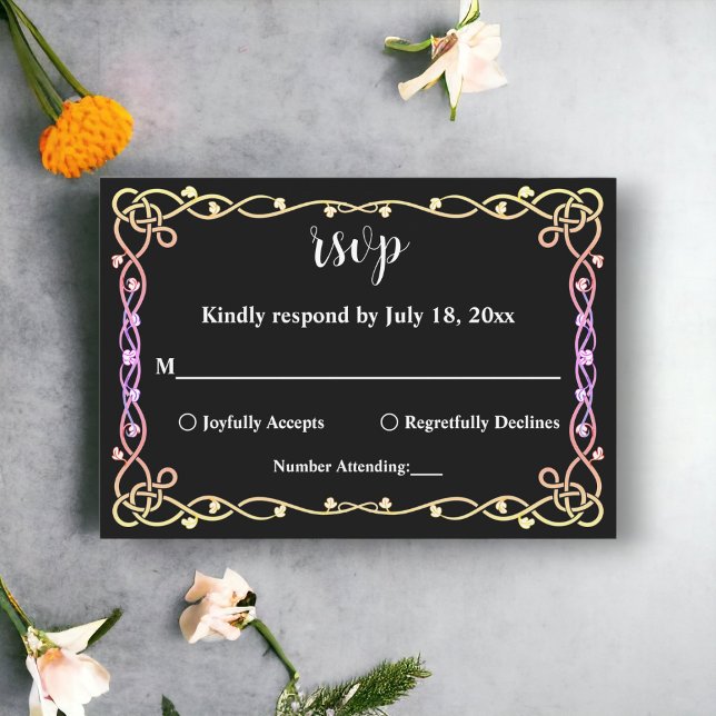 Black And White Glow Neon Frame Floral Wedding RSVP Card (Creator Uploaded)