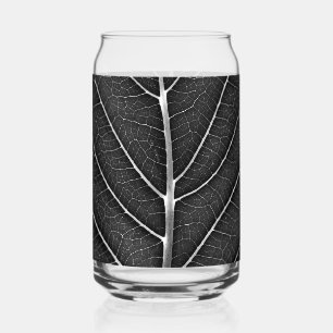Black and white glowing leaf close-up can glass