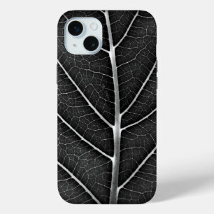 Black and white glowing leaf close-up iPhone 15 mini case