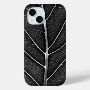 Black and white glowing leaf close-up iPhone 15 case