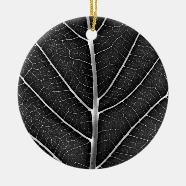 Black and white glowing leaf close-up ceramic tree decoration (Front)