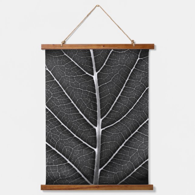 Black and white glowing leaf close-up hanging tapestry (Front)