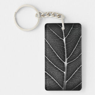 Black and White Glowing Leaf Close-Up Key Ring