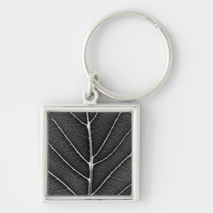 Black and White Glowing Leaf Close-Up Key Ring