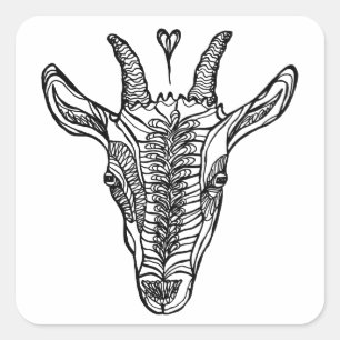 Black and White Goat Line Portrait with Heart Square Sticker