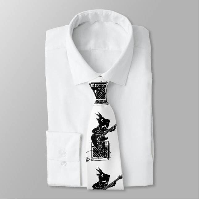 Black and white goat playing an electric guitar tie (Tied)