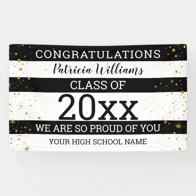 Black And White Gold Confetti Congrats Grad 2020 Banner (Horizontal)