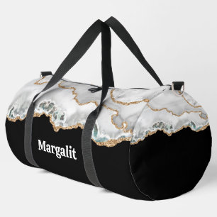 Black and White Gold Faux Glitter Agate Large Duffle Bag