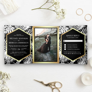 Black and White Gold Foil Tropical Palm Wedding Tri-Fold Invitation