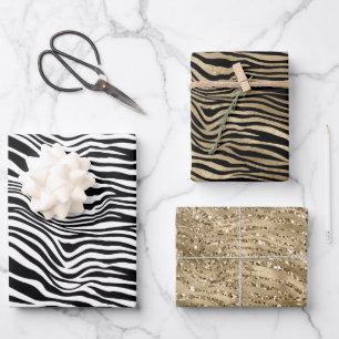 Black and White Gold Glitter Zebra Print Wrapping Paper Sheet