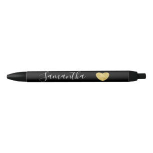 Black and White Gold Heart Personalised Name Ink Pen