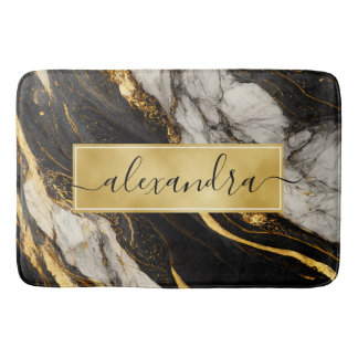 Black and White Gold Marble Modern Elegant Bath Mat