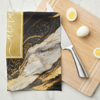 Black and White Gold Marble Modern Elegant Tea Towel