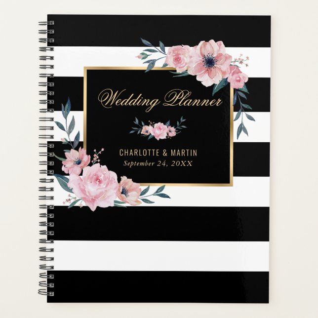 Black and White Gold Pink Floral Wedding Planner (Front)