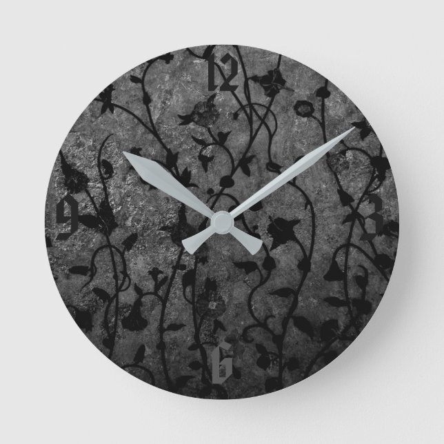 Black and White Gothic Antique Floral Round Clock (Front)